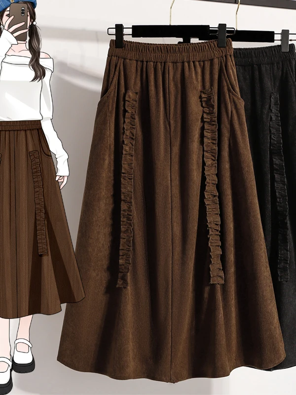 Long Floral Bud Corduroy Half-length Skirt Women's plus Size Base Layer Umbrella Skirt Korean Style Commute Casual Loose Fit