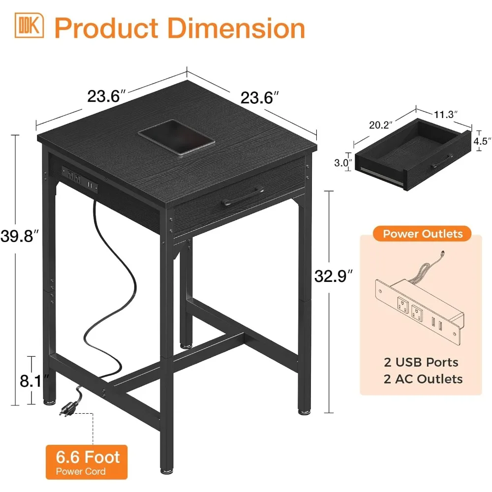 24x24 Inch Bar Table with Power Outlets & Storage, Modern Counter Height Pub Table with Sturdy Legs for Kitchen & Dining, High