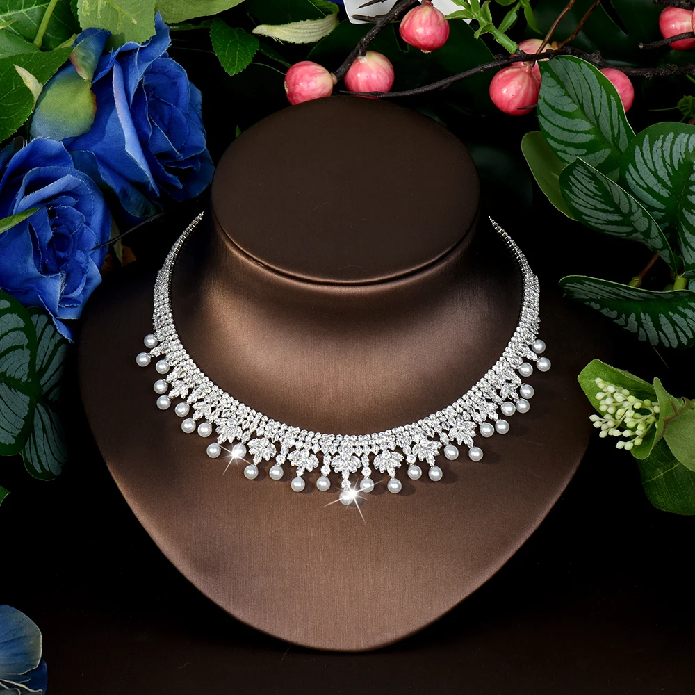 HIBRIDE موضة خفيفة فاخرة النساء اللؤلؤ طقم مجوهرات زركونيا ليف قلادة أقراط خاتم فستان الزفاف اكسسوارات S-781 #5