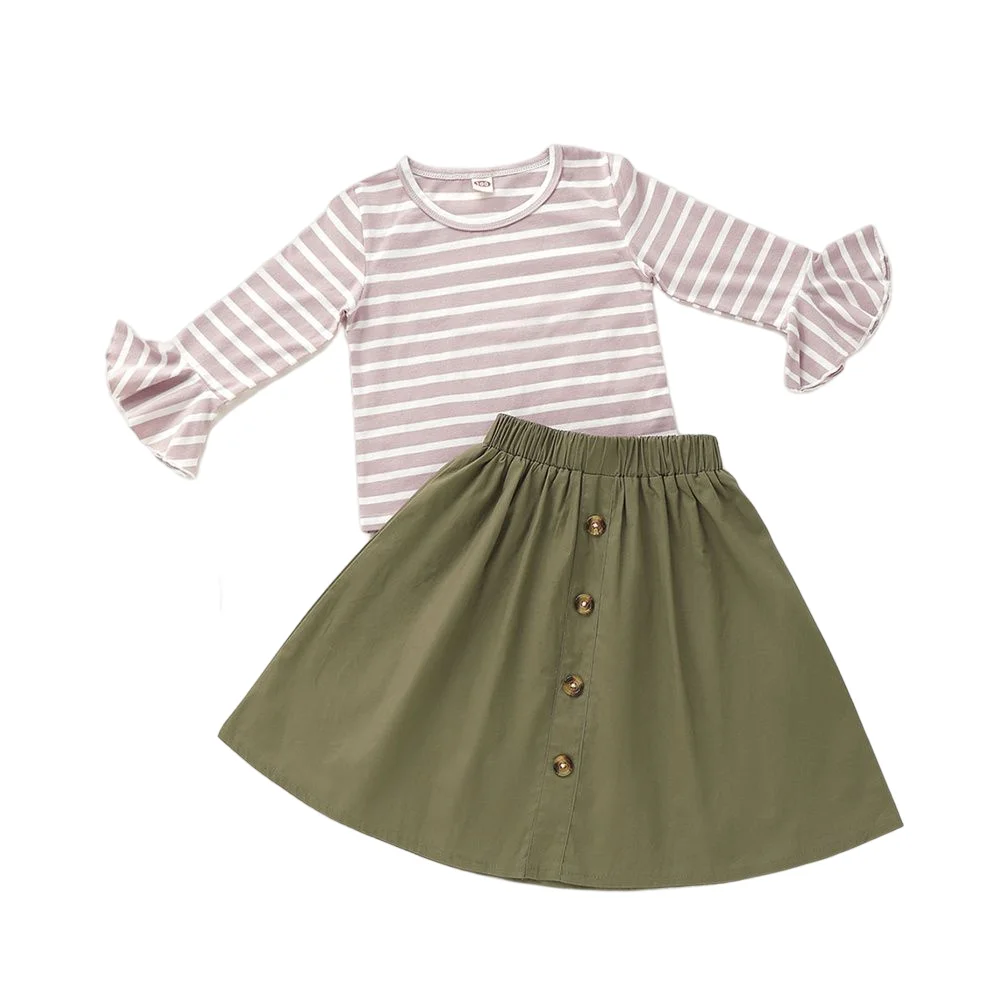 

1-5Y Toddler Kids Little Girl Fashion Clothes Suit 100% Cotton Striped Flare Sleeve Top and Solid Skirt 2PCS Outfit Set