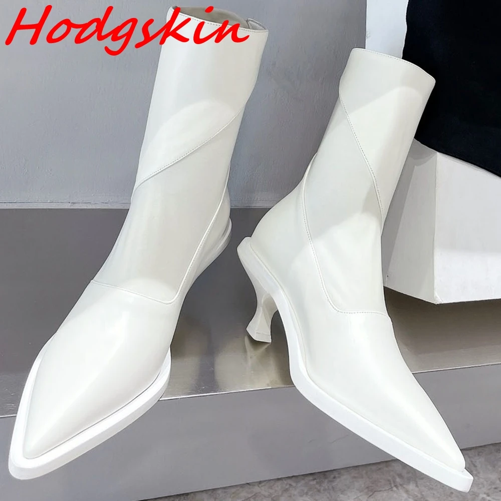 

Splicing Stretch Boots Pointed Toe Kitten Heels Slip On Ankle Boots Leather Classic All-match Office Lady Casual Short Boots