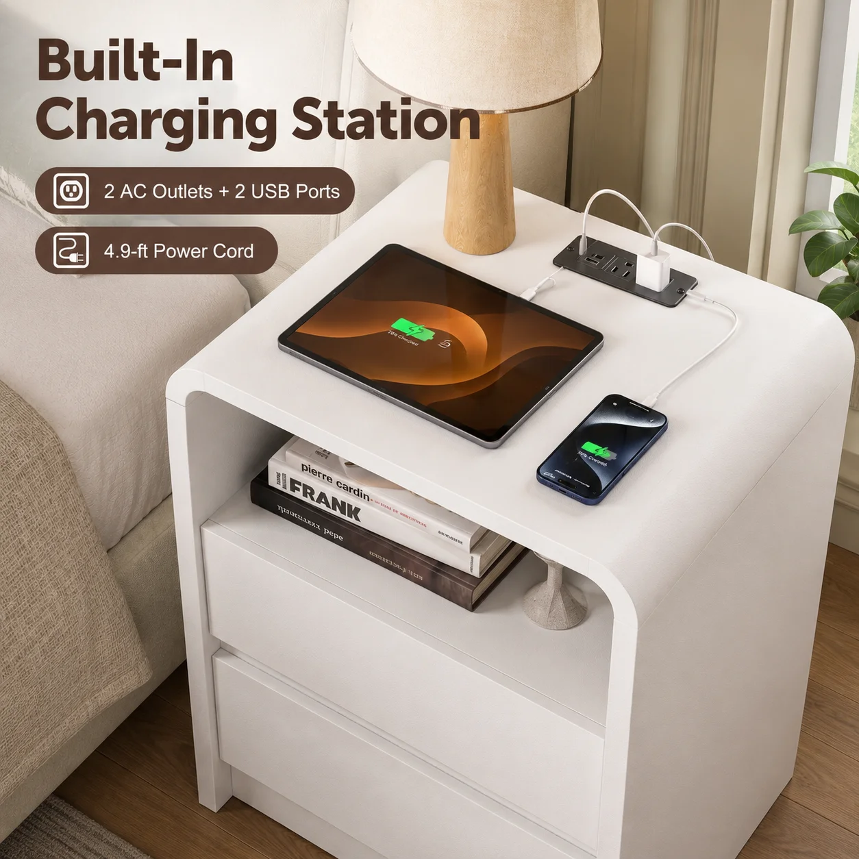2 Drawer Tall Nightstand with Charging Station 25 Inch Bedside Table with USB C AC Outlets Modern Storage End Table for Bedroom