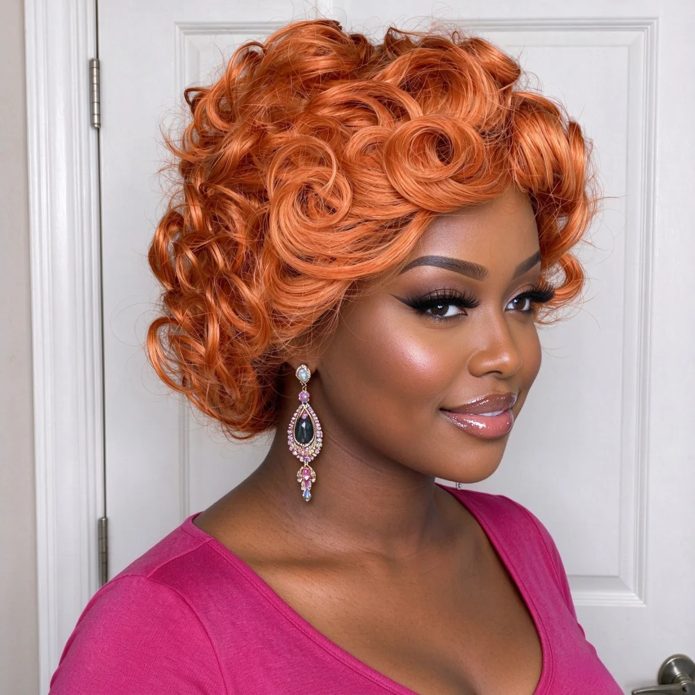 Full Machine Made Short Ginger Orange Curly Human Hair Wig for Women, Fashion Short Curly Human Hair Wigs, Natural Looking