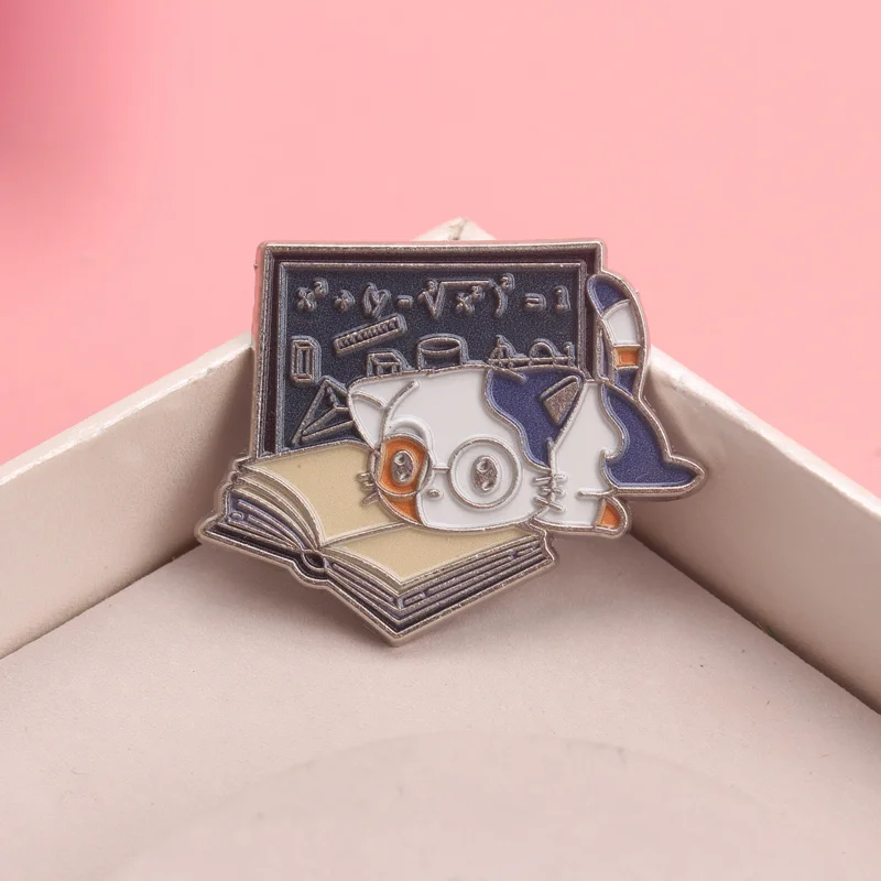 Vintage Cute Scholar Cat Enamel Pin - Reading Book Math Blackboard Brooch for Book Loverspins