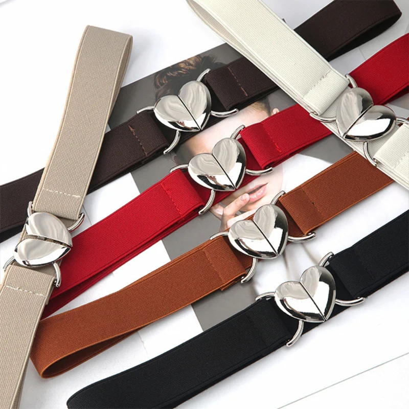 Female Fashion Thin Elastic Stretch Waistband Love Heart Metal Buckle Belt for Women Cinch Waist Seal Cummerband Accessories