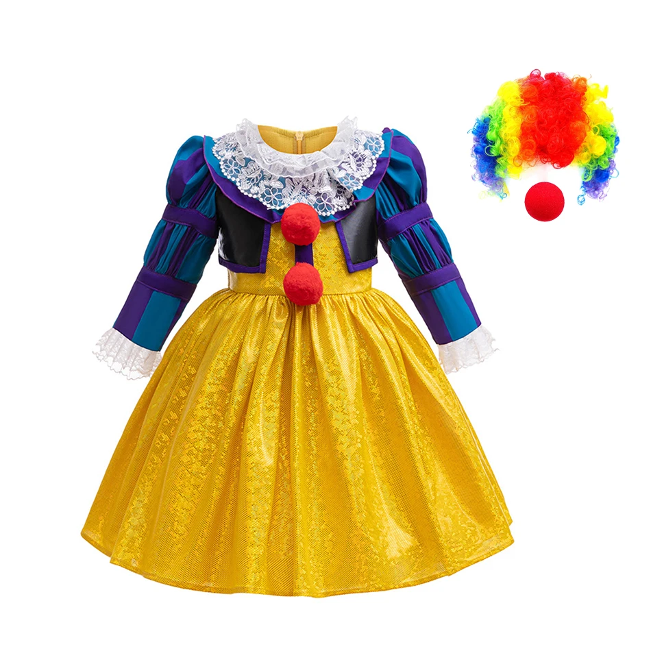 

Kids Hallowen Clothes Clown Cosplay Costume With Wig and Nose Children Disguise Maleficent Costume Toddler Clothes