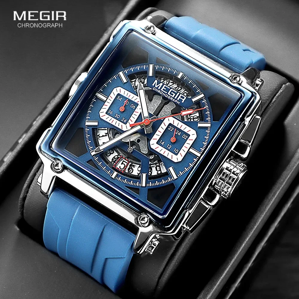 

MEGIR 2233 Casual Silicone Strap Watch for Men Blue Chronograph Rectangle Dial Quartz Watches Man Wristwatch Montre Reloj Часы