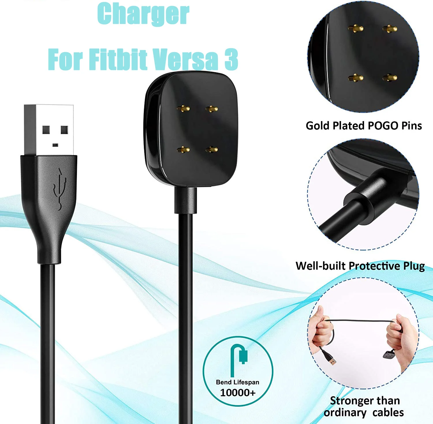 Ladegerät für Fitbit Sense/Sense 2/Versa 4/Versa 3, USB-Ladegerät, Smartwatch-Ladekabel, Ersatz-Ladegerät
