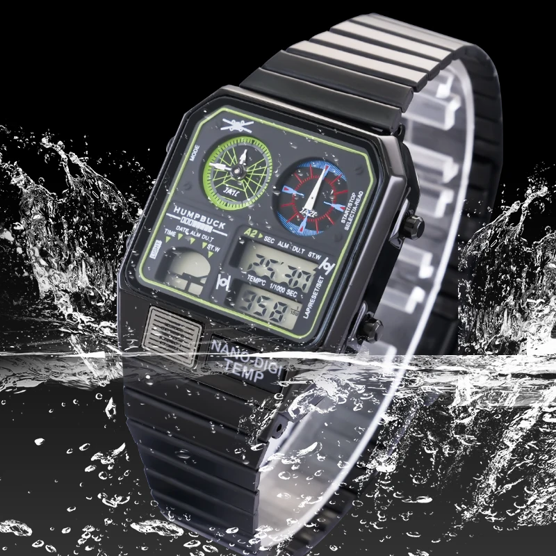 Quartz Watch For Men Sport Stainless Steel Wrist Male Watch Digital Dual Time Display Waterproof Clock