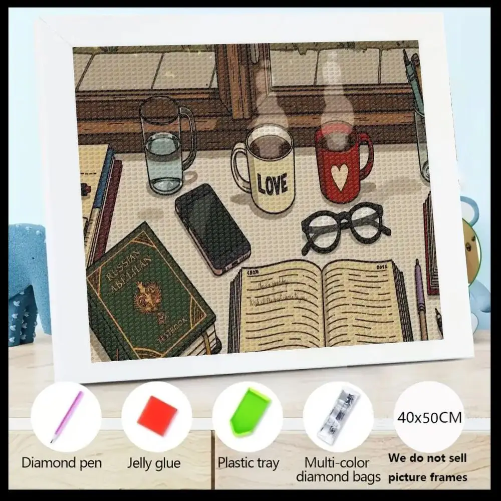 

Набор для вышивания алмазной мозаикой 5D «Уютный рабочий уголок», 40x50 см, с инструментами (розовая алмазная ручка, красный клей-желе, зеленый поднос)