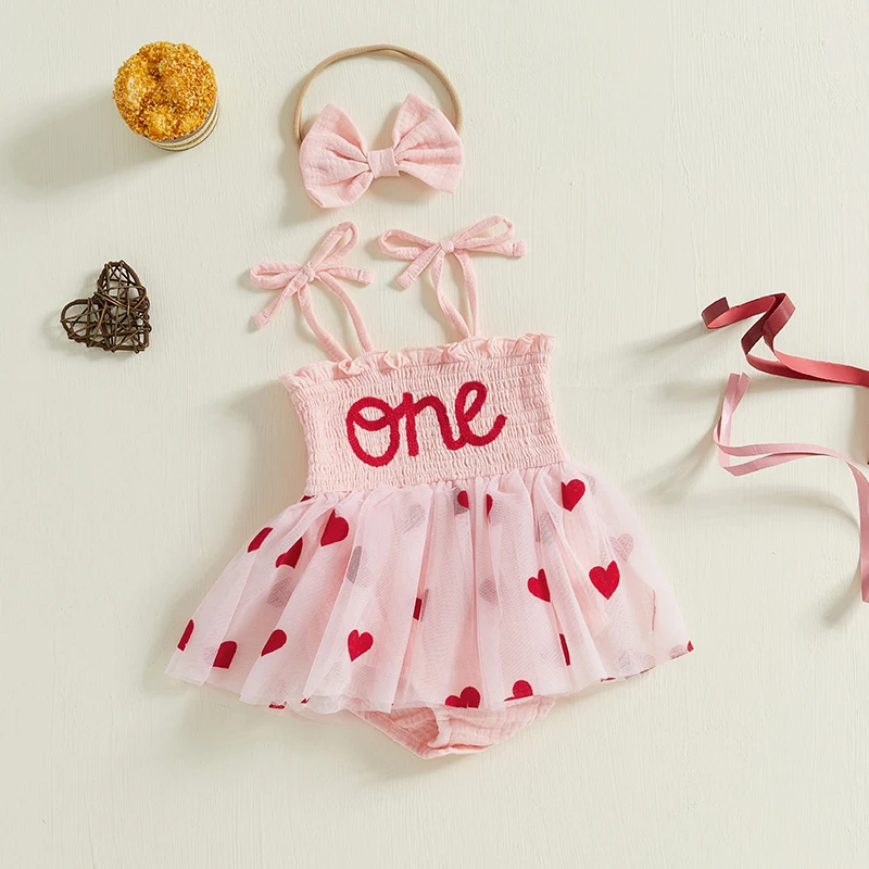 ma&baby 6-18M Baby Girl Birthday Romper Newborn Infant Toddler Outfit Letter Heart Jumpsuit Bow Headband