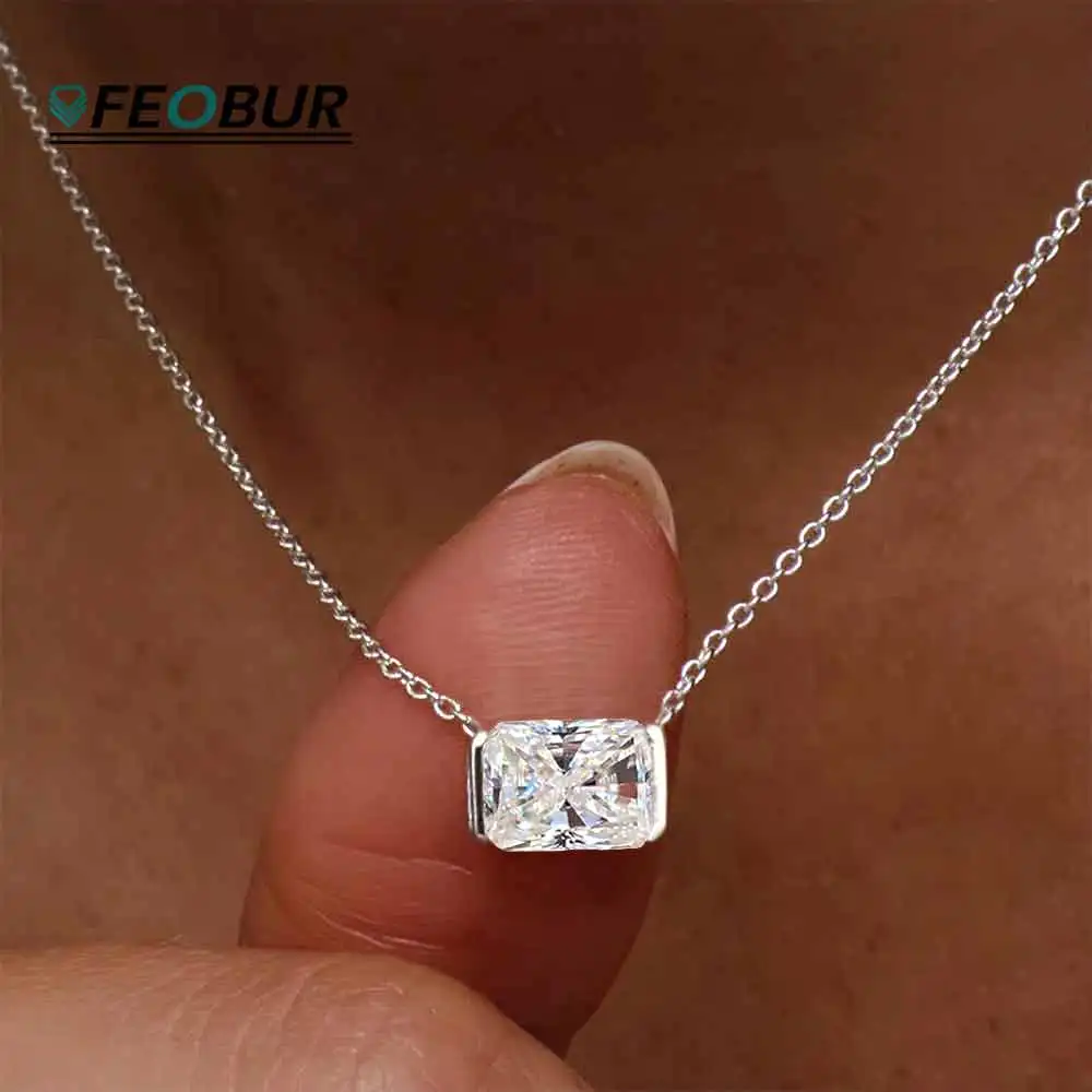 Half Bezel Set 1CT Radiant/Emerald Cut Moissanite Pendant Necklace S925 Silver East West Solitaire Diamond Chain Women Jewelry