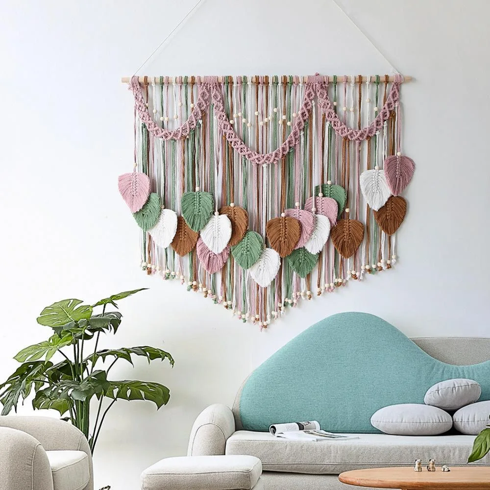 Large Handwoven Cotton Macrame Tapestry Colorful Leaf Beaded Bohemian Wall Hanging Ornament Festival Gift