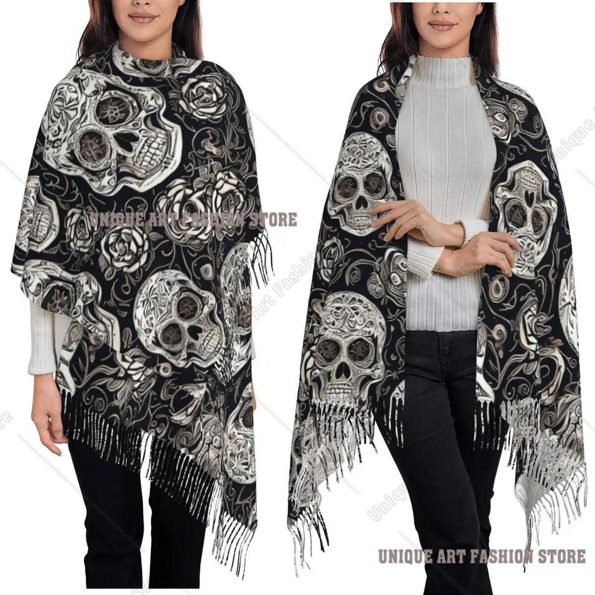 シュガースカル デイ・オブ・ザ・デッド ネオンシュガースカル スカーフ タッセル付きスカーフ 女性用ショール＆ラップ ロング 秋 冬 ショール ラップ