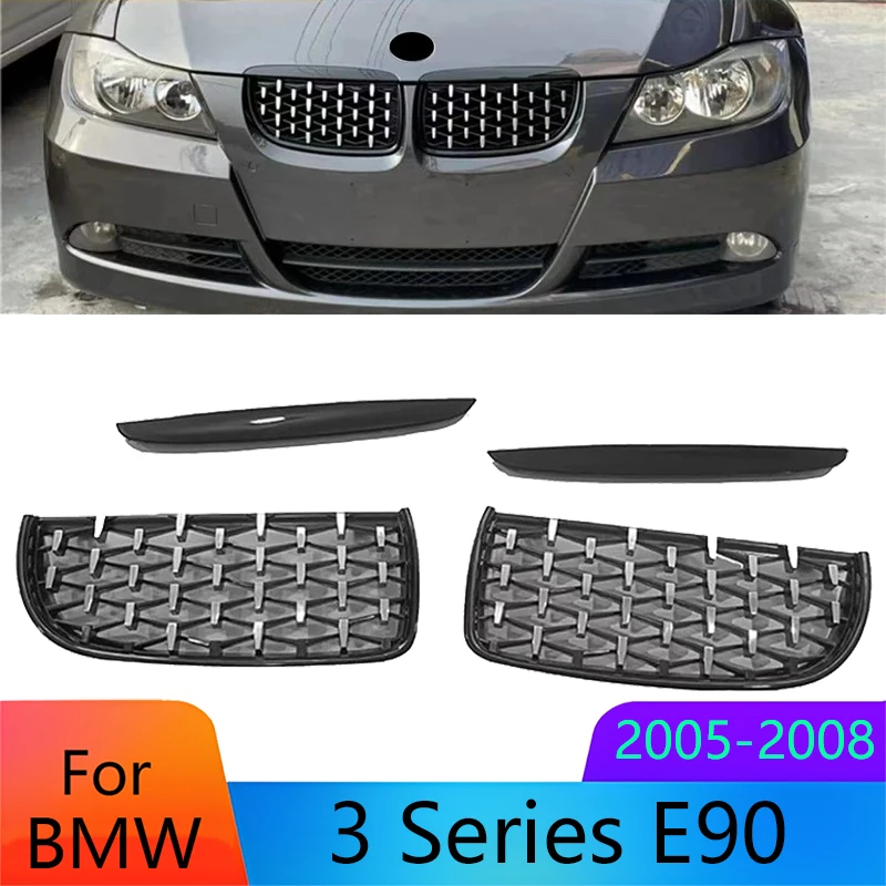 

Car Grille for BMW 3 Series E90 2005-2008 Front Bumper Grille Black 4X Diamond Meteor Style Fit 325i 328i 335i