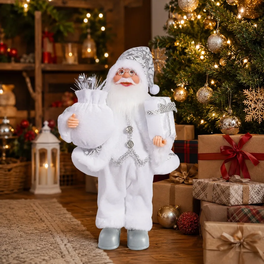 Luxury-lite silver-colored Santa Claus. Christmas decorations. 32cm standing white-bearded glasses-wearing old man. Very suitabl