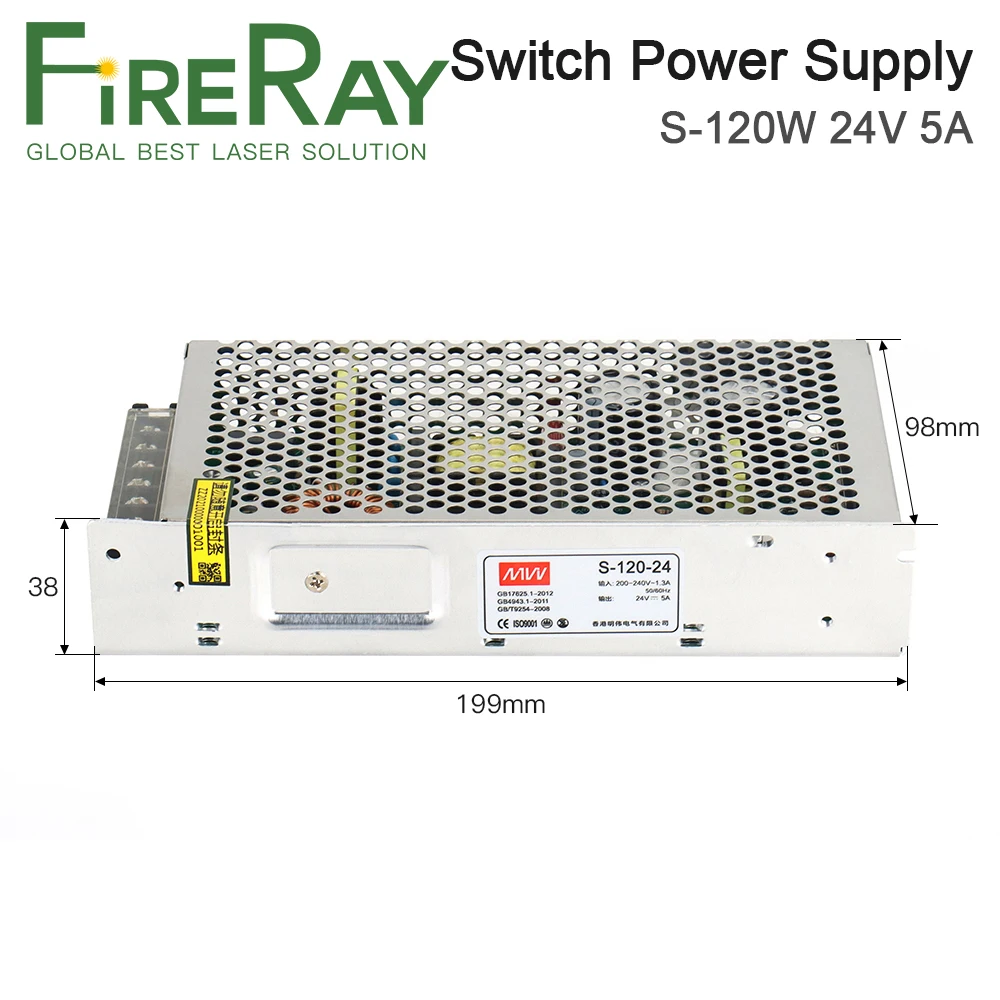 FireRay MeanWell 120W Switch Power Supply S-120-24 24V 5A for Co2 Laser Controller