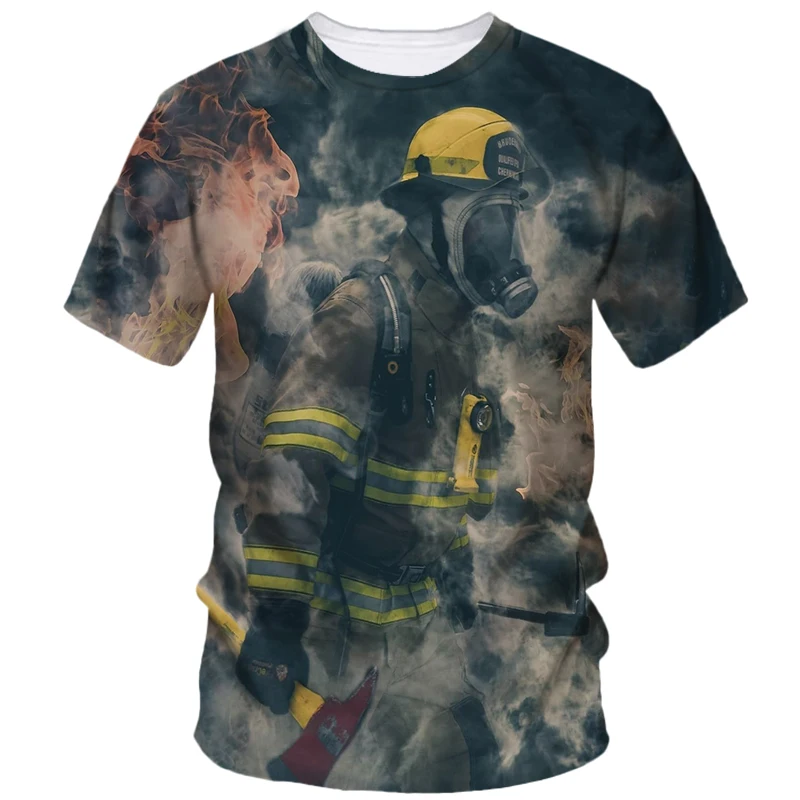 Firefighter Pattern Print Tough Guy Style Summer Men's Short Sleeve T-Shirt Street Personality Creative Fashion Loose Casual Top