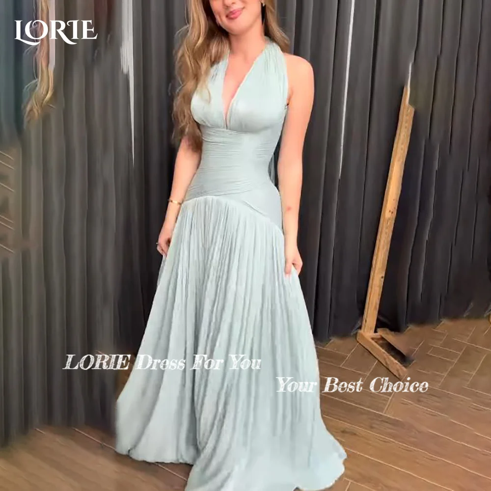 LORIE Modest Crepe Evening Dresses Elegant Halter Deep V Neck Pleats Mermaid Arabia Prom Gown Ruffle Party Dresses Customized image 3