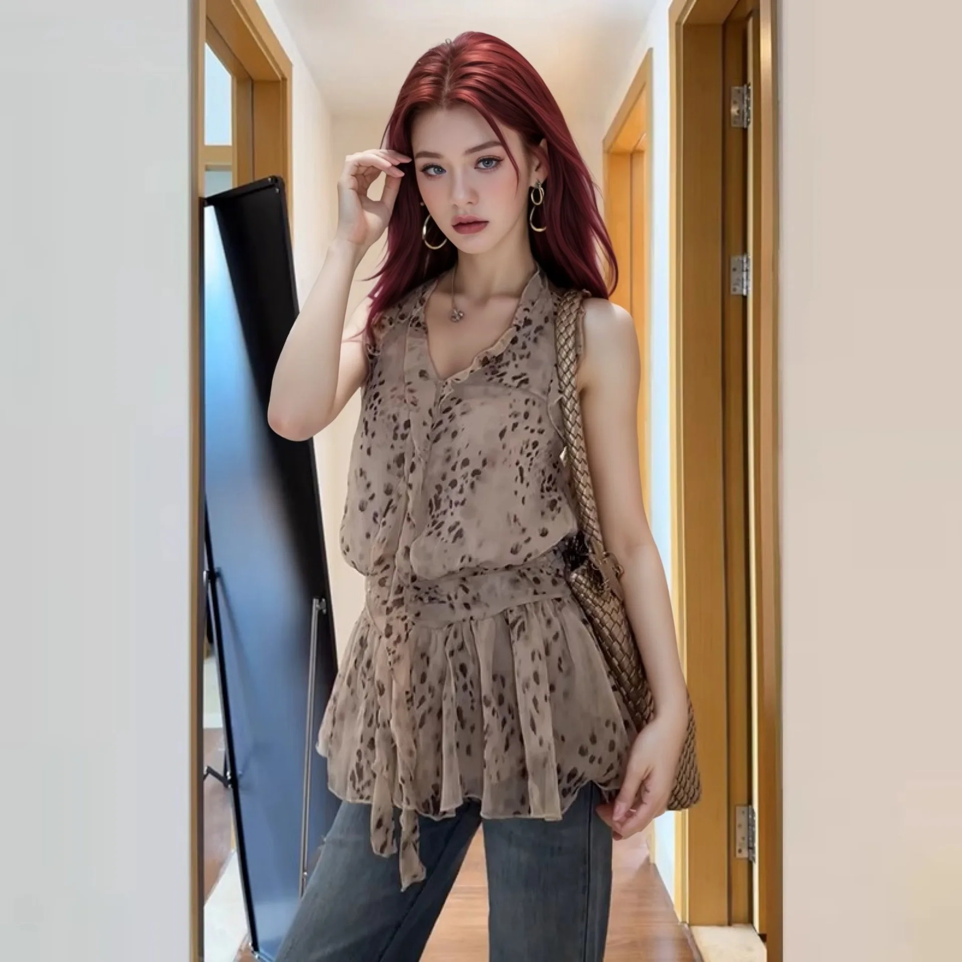 

2026 New Summer Chiffon Floral Leopard Print Halter Neck Ruffle Top Dress For Women Slim Fit Stylish Bodycon Dress