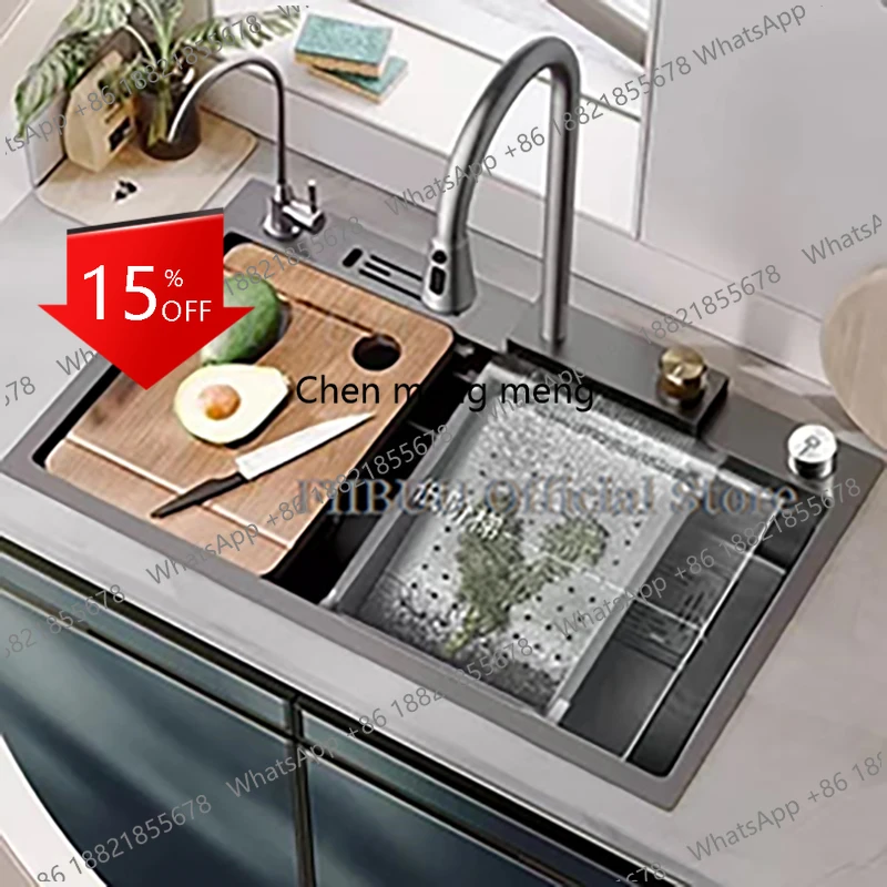 

01A Waterfall Kitchen Sink Topmount Single Bowl Wash Basin Stainless Steel Workstation with Drain Accessories Knife Holder Fauce