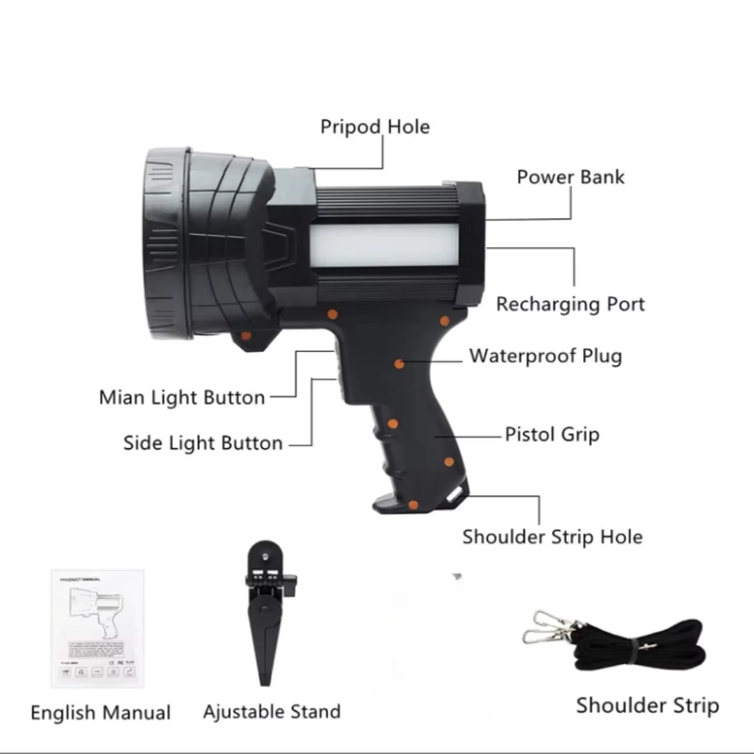 Rechargeable LED Spotlight Flashlights, High Lumens, 10000 Lumens, Flood, Camping, Flashlight with Long Lasting Battery