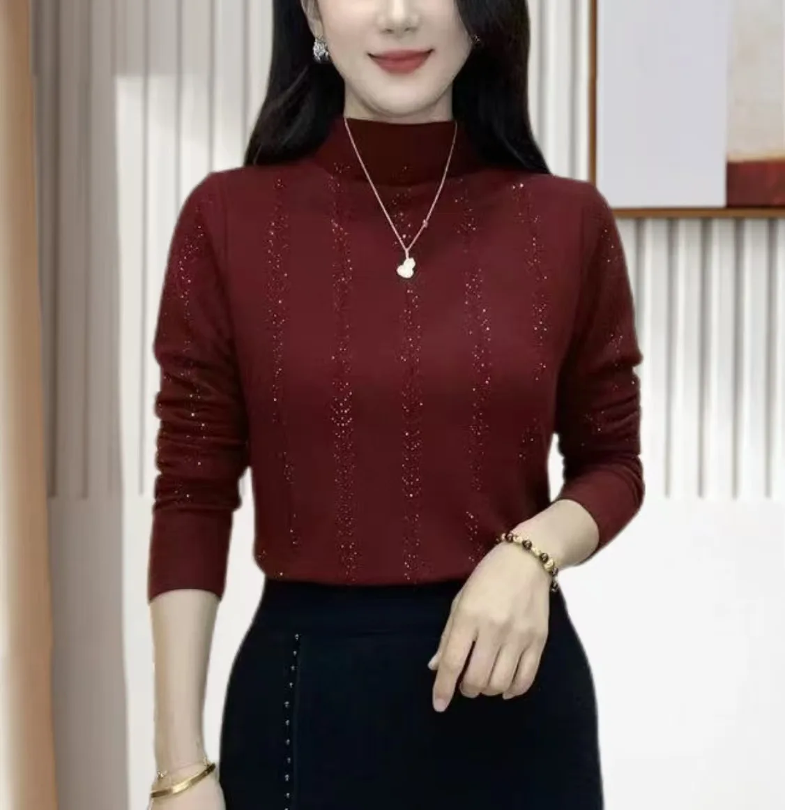 Heavy Industry Hot Drill Striped High-neck Long-sleeved T-shirt Women's Base Shirt