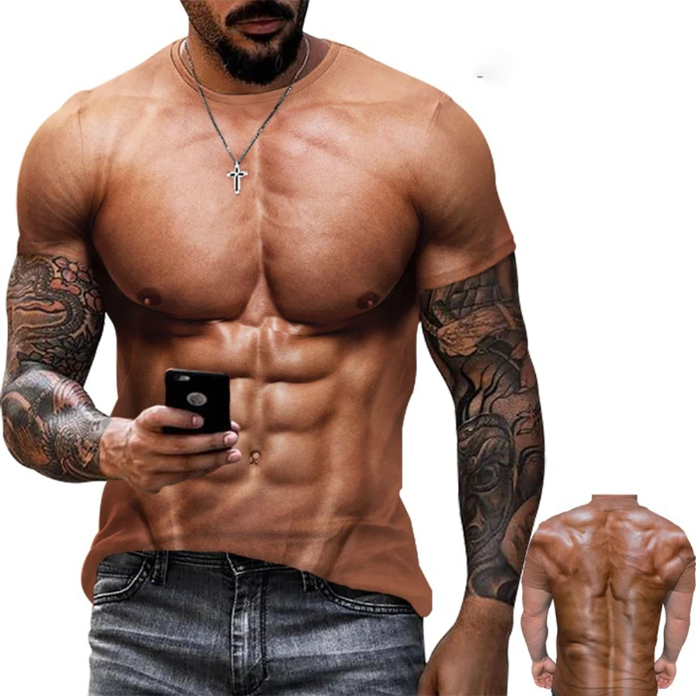 2026 Sommer Herren Mode-Trend Personalisierte Kreativität 3D-Druck Fake-Muskel-Print T-Shirt Street Casual Spaß Kurzarm-Shirt – Detail 6
