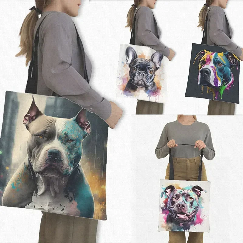 American Bully Dog Tote Bag Kawaii French Bulldog Handbag Pitbull Terrier Totes Large Capacity Shoulder Bag Eco Shopping Bags