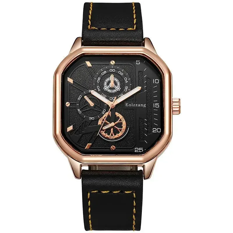 Alloy Men Quartz Watches Leather Strap Big Dial Student Square Sports Watch Cool Black Men\'s Watch Waterproof  Wristwatch