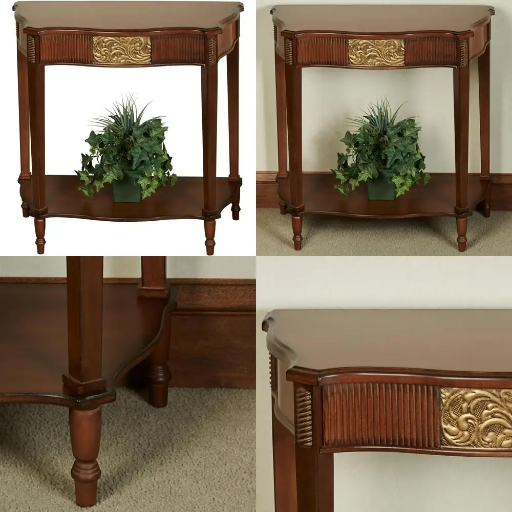 Mesa consola de madera semicircular Sarantino en cerezo natural con detalles de oro envejecido - Muebles tradicionales elegantes para Regal De