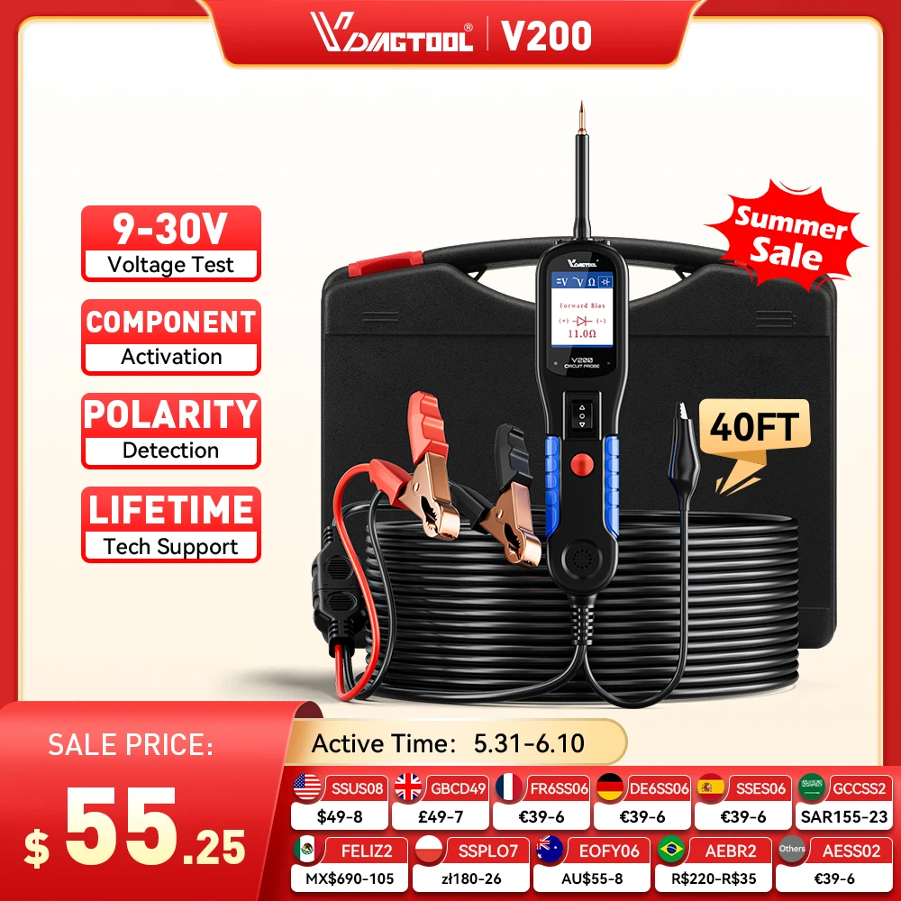 

VDIAGTOOL V200 Power Circuit Probe Tester 12V 24V Automotive Truck Electrical System Diagnostic Tools with 40FT Cable
