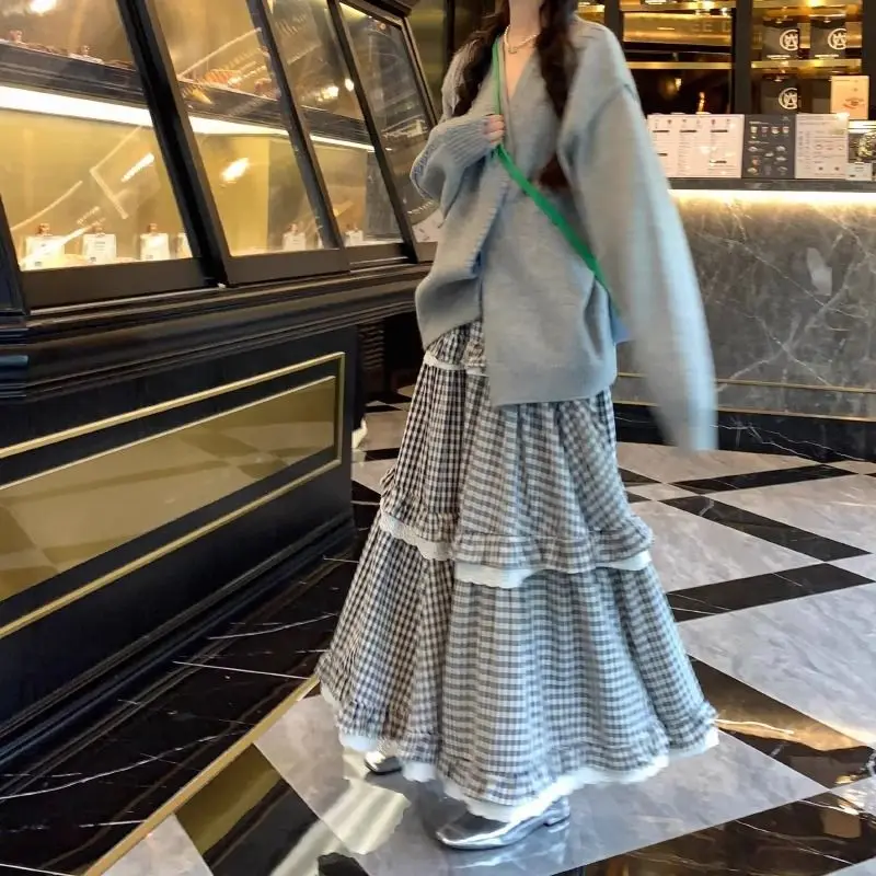 

Deeptown Kawaii Harajuku Plaid Skirt Women Preppy Style Sweet Long Skirts Retro Lace Patchwork A-line Ruffle Skirts Streetwear