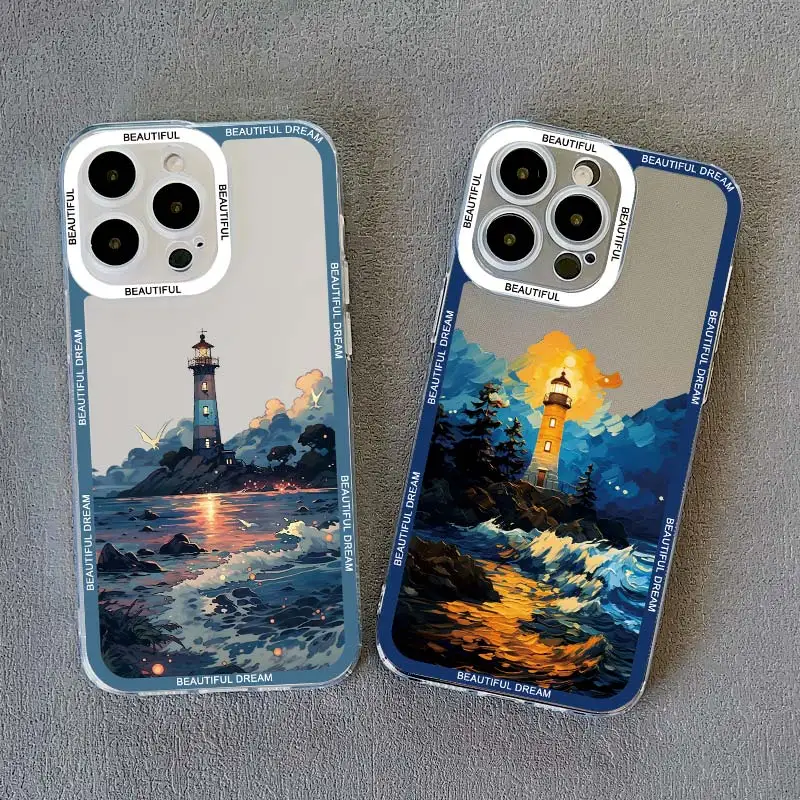 Abstract Style Lighthouse Clear Phone Case For iPhone 11 12 13 14 15 Pro Max XS XR X 7 8 14 15 Plus SE2 Transparent Back Covers