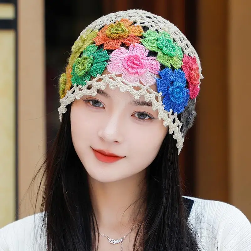 Japanese Spring Summer Literary and Artistic Colorful Flower Hollow Bag Head Hat Women Sweet Fashion Hand-crocheted Beanie Cap