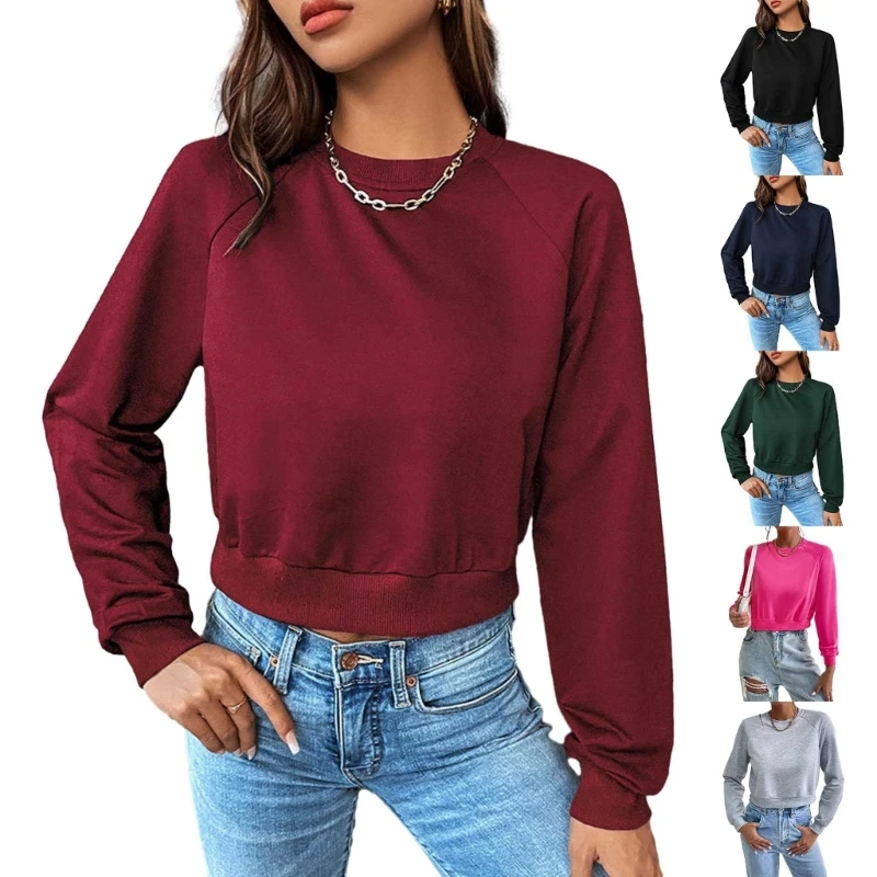 

Womens Long Sleeve Cropped T Shirts Round Neck Casual Crop Tops Solid Color Pullover Hoodies Sweatshirt Shirts P8DB