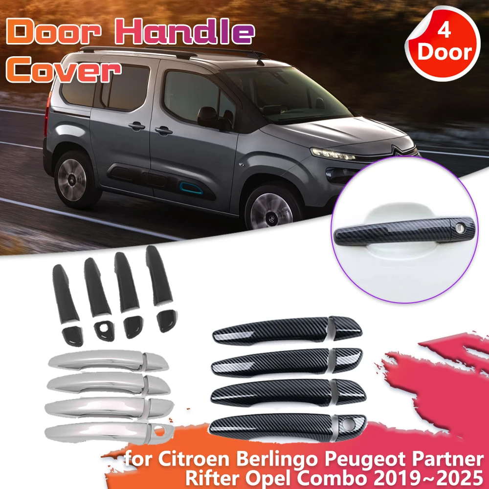 Car Door Handle Cover for Citroen Berlingo Peugeot Partner Rifter 2019~2025 Carbon Fiber Back Sticker Trim Scratch Accessories