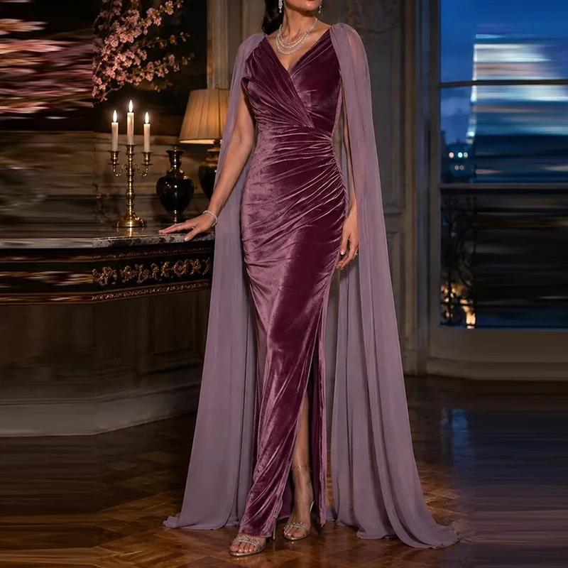 Fashion Draped Hight Waist Party Gown Autumn Elegant V-neck Draped Bodycon Dress Women's Casual Cape Long Sleeve Slim Long Dress