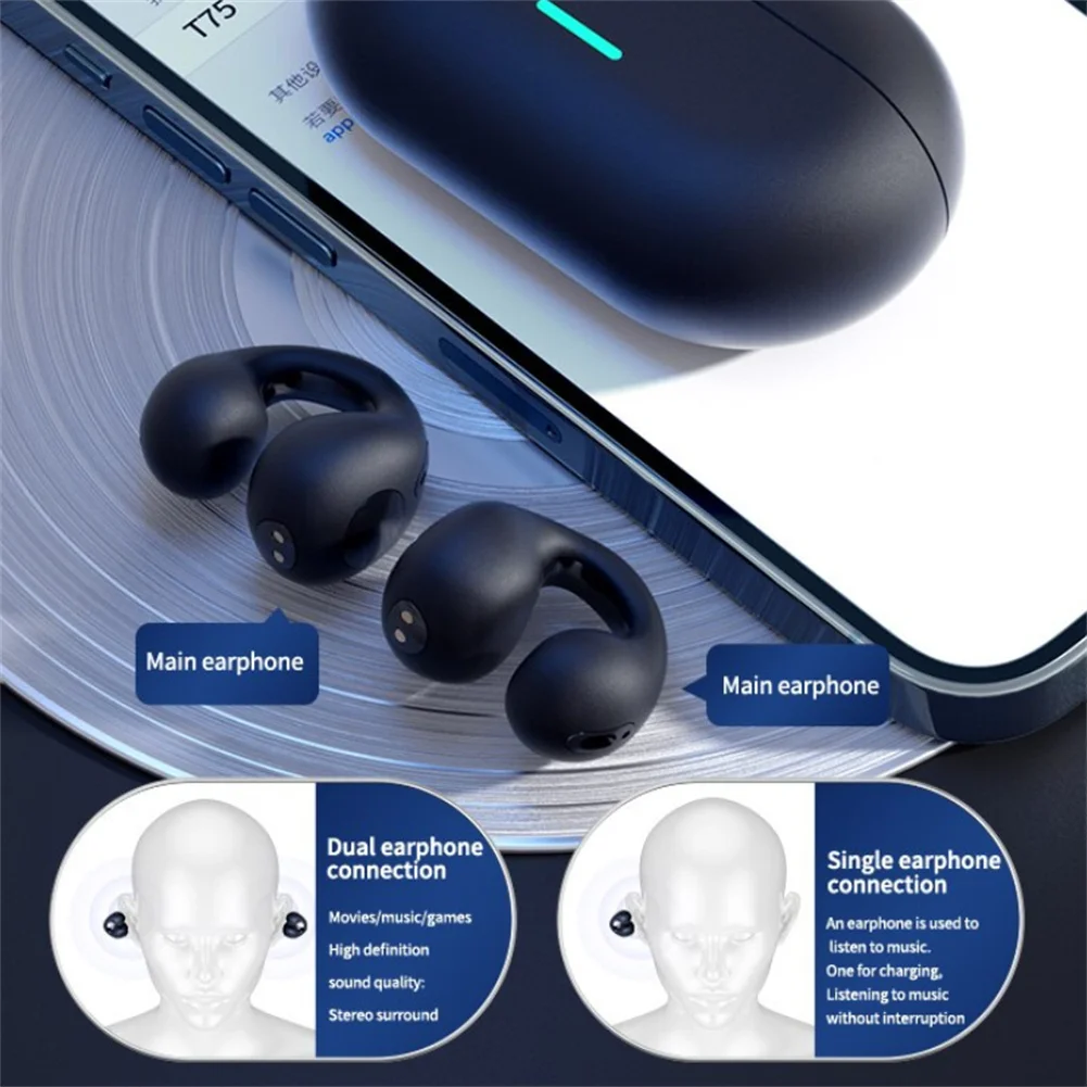 T7500 Open Ear Headphones Wireless Clip-On Earphones With Built-in Mic Bone Conduction Touch Control Headphones For Sports