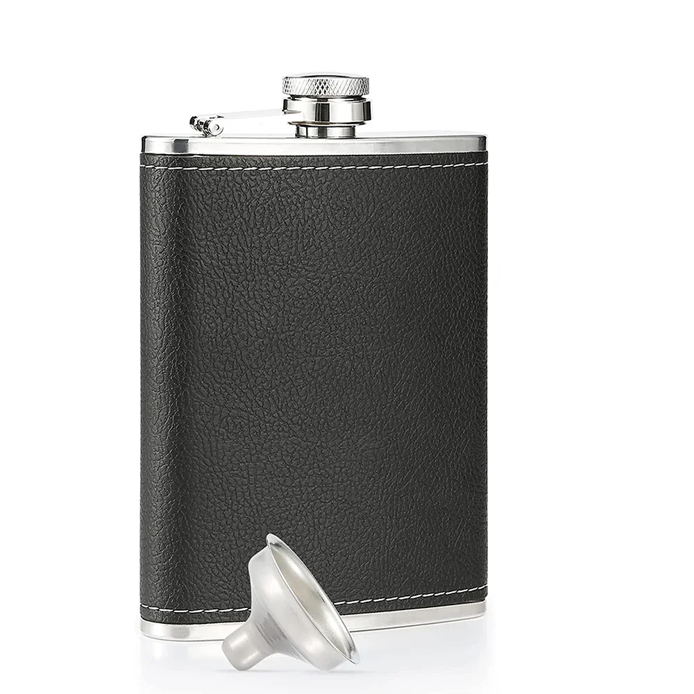 

LMETJMA 8 Oz Hip Flask Black Leather Flask Stainless Steel Soft Touch Leather Wrap Flask with 1 Funnel Whiskey Rum Flask KC0465