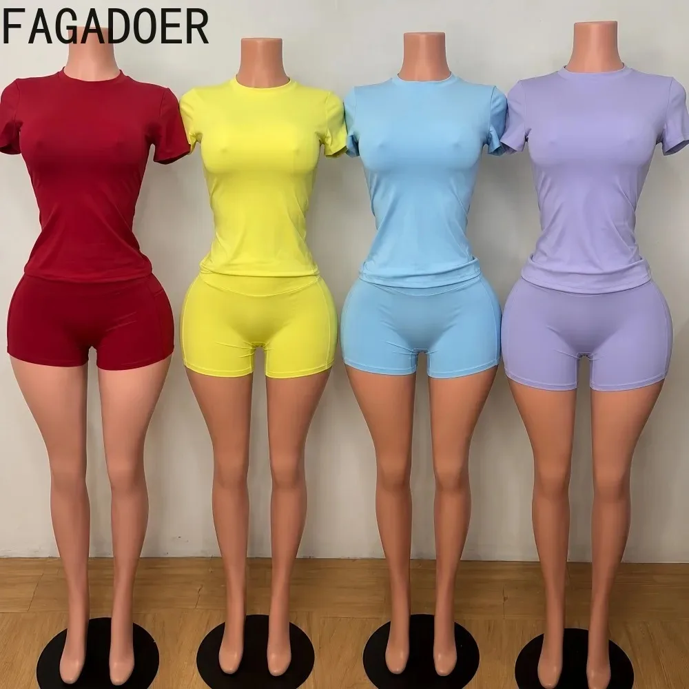 FAGADOER Summer Casual 2 Piece Matching Set Women Solid Color Short Sleeve Crew Neck Top and Shorts Jogger Sport Tracksuit New