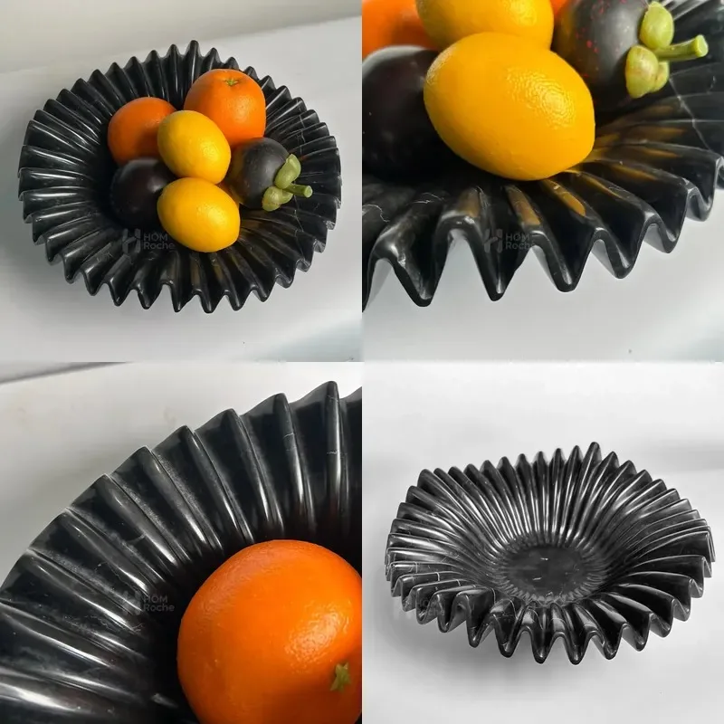 Home decor pleated black marble bowl fruit bowl for dining coffee kitchen table