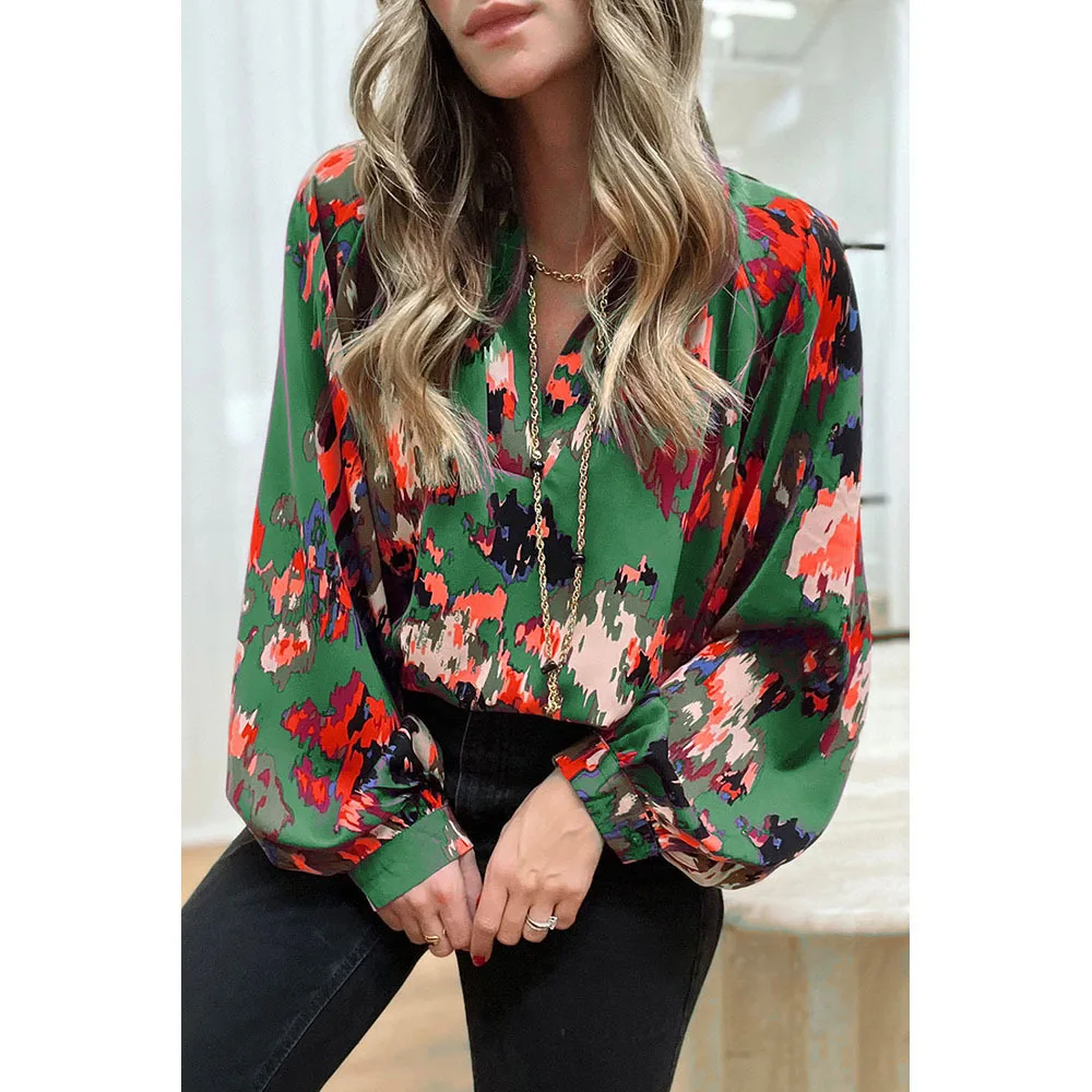 

Fashion Woman Blouse 2023 Graffiti Print Lantern Sleeve Shirts & Blouses Spring Autumn V Neck Street Trends Female T Shirt Tops