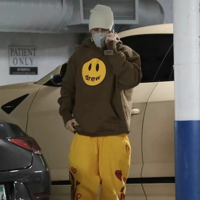 

Drew House Smiley Face Hoodie High-Street Patchwork Frayed Edge Oversized Unisex Hoodie ins