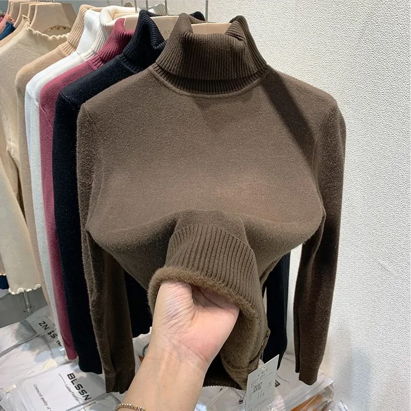 Women\'s Turtleneck Sweater Winter 2024 Retro Thicken Velvet Lined Warm Sueter Wear Pullover Thermal Knitting Bottoming Shirt