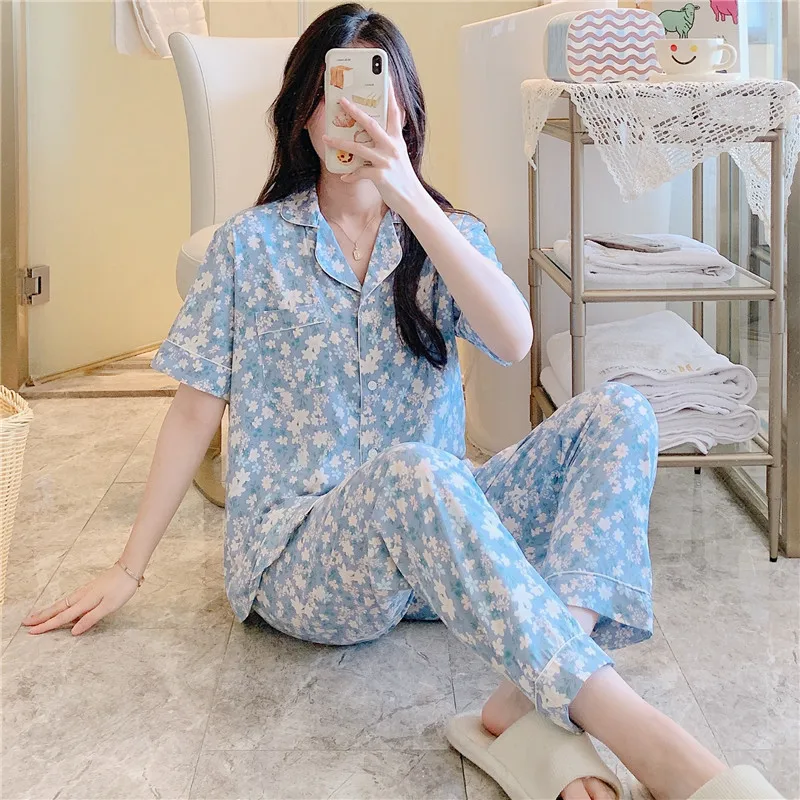 Pajamas Women Summer Short Sleeve Print Sleepwear Homewear Kawaii Korean Style Pajamas Set Home Clothes