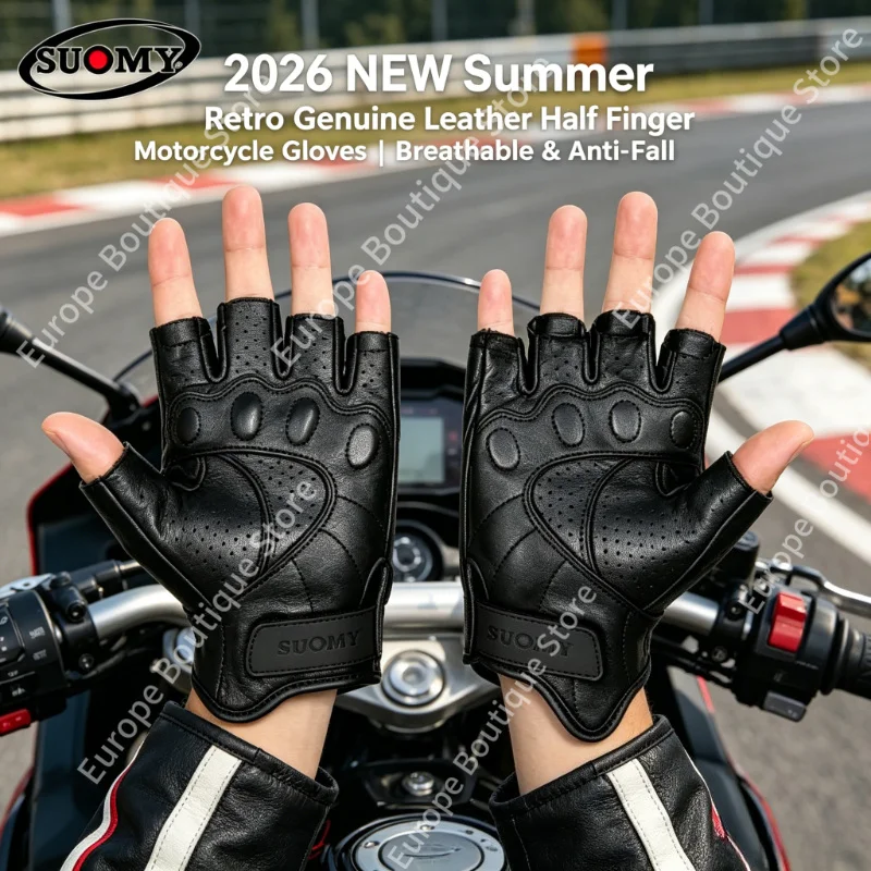 

2026 NEW Summer Retro Genuine Leather Half Finger Motorcycle Gloves Men Women Anti Fall Breathable Riding Gear