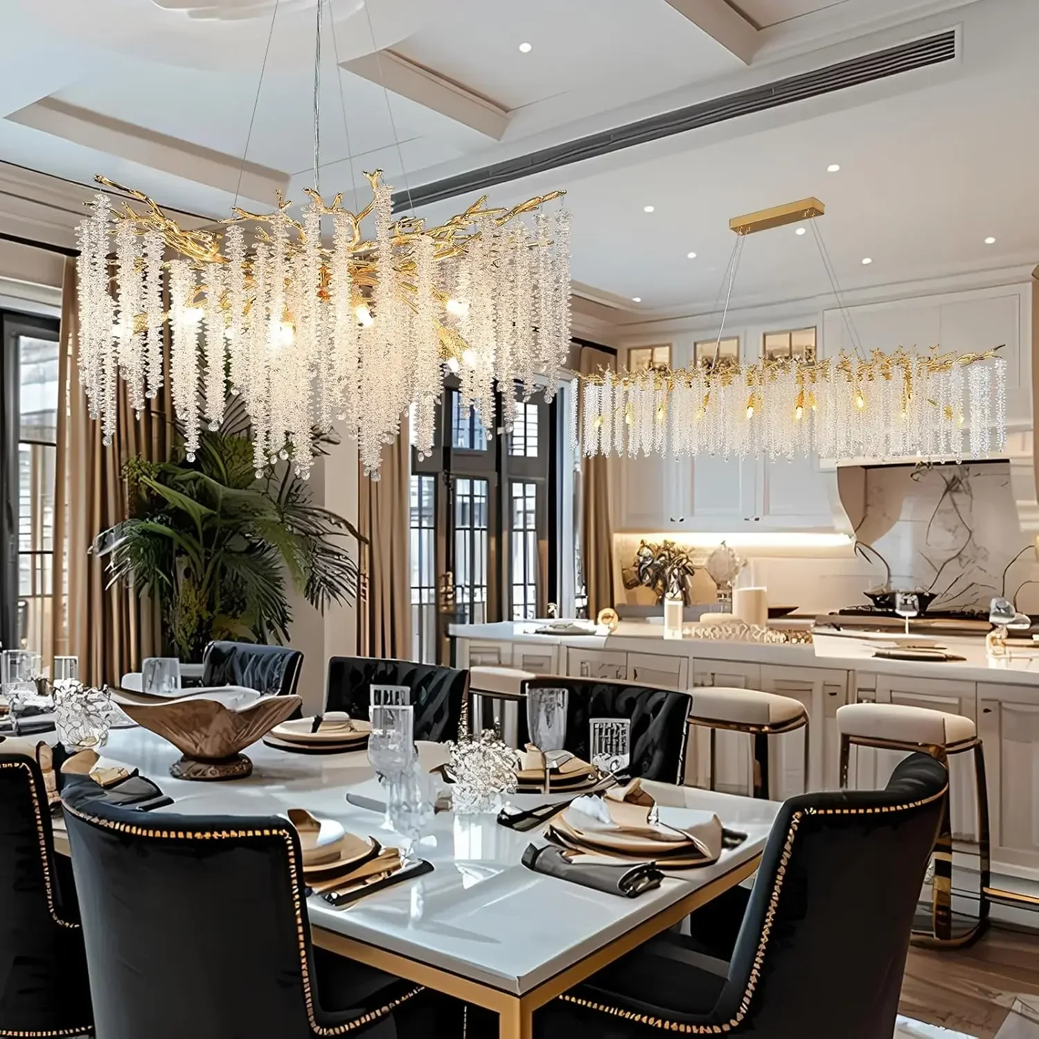 

Long Crystal Ceiling Chandelier For Kitchen Table Living Dining Room Bedroom Gold Branch Hanging Lights