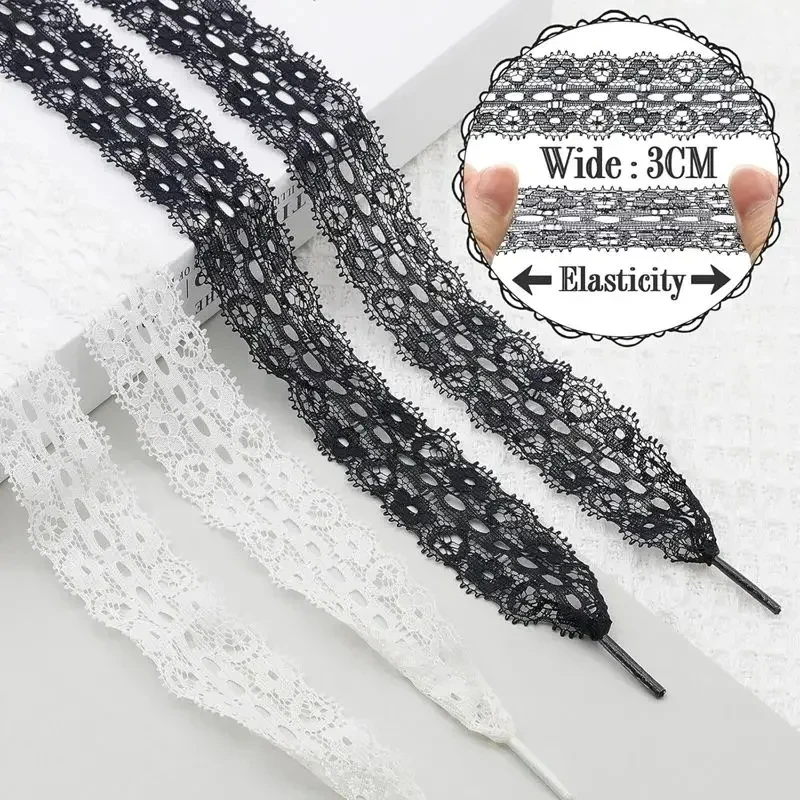 Fancy Lace Shoelaces for Women Casual Shoes 3CM Wide Flat Laces for Sneakers Black White Shoe Strap 80CM/100CM/120CM Accessorice