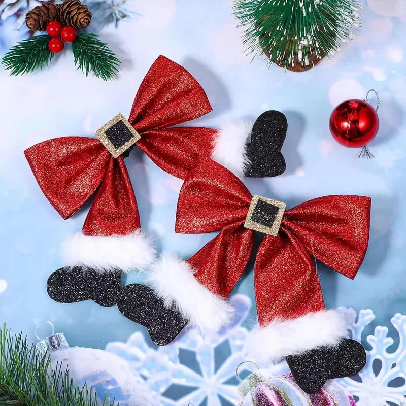1 Weihnachts-Haarspange – glänzende rote Schleife mit goldener Schnalle und Weihnachtsmützen-Anhänger, glänzende Entenschnabel-Haarspange für Damen, für festliche Anlässe. – Detail 2
